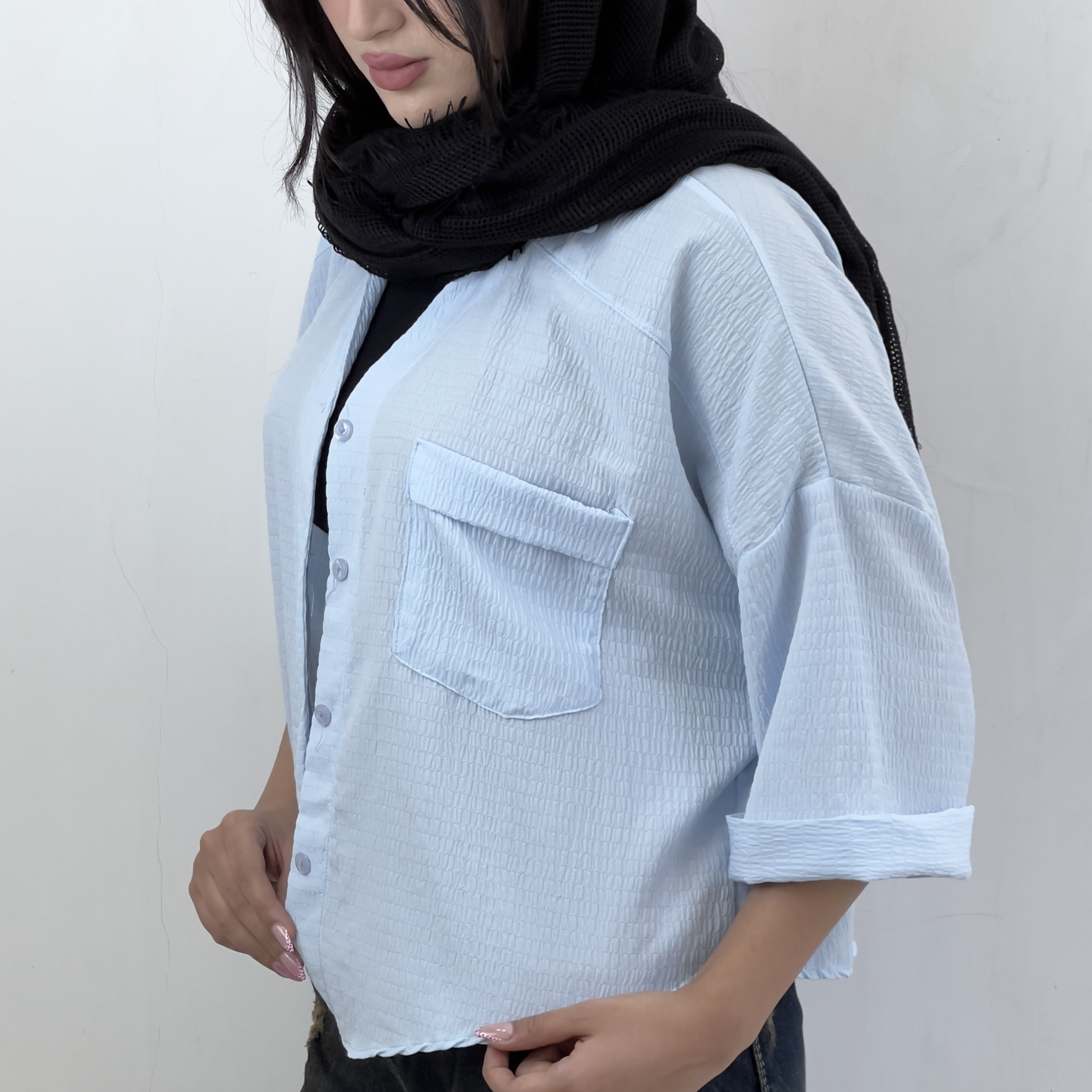 شومیز باکسی آبی آسمونی مدل لوفن