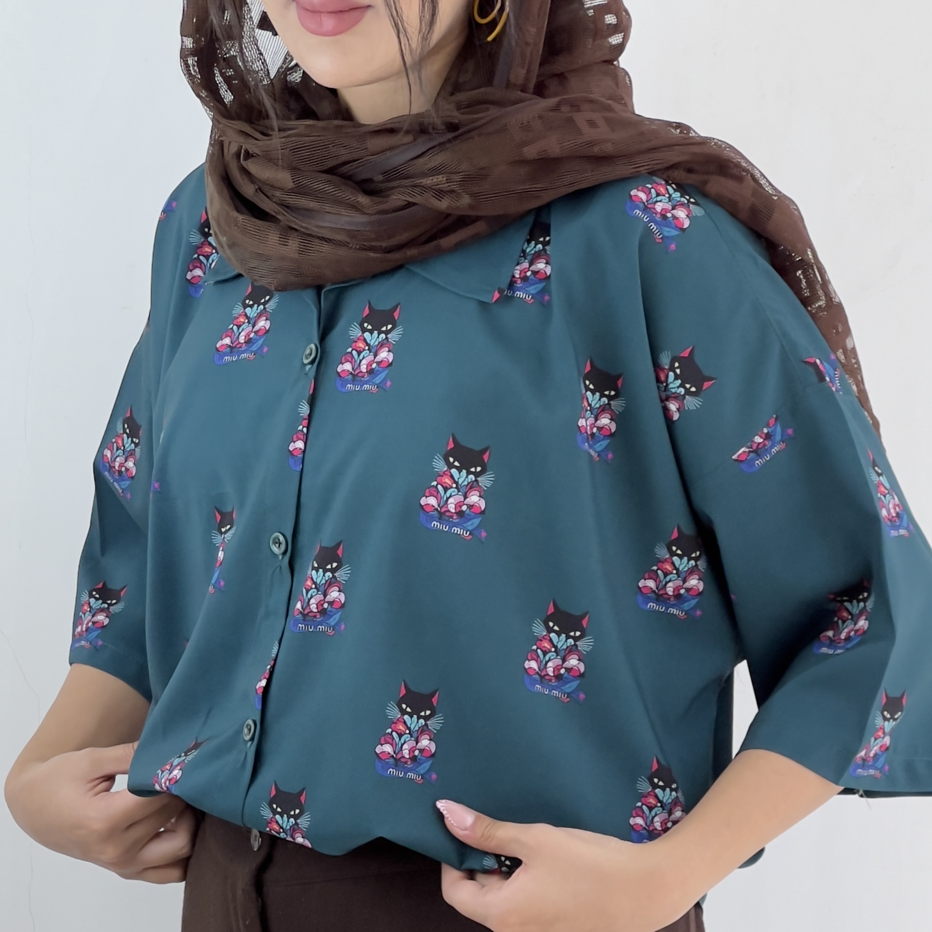 شومیز قلبی miu miu آستین کوتاه طرح گربه