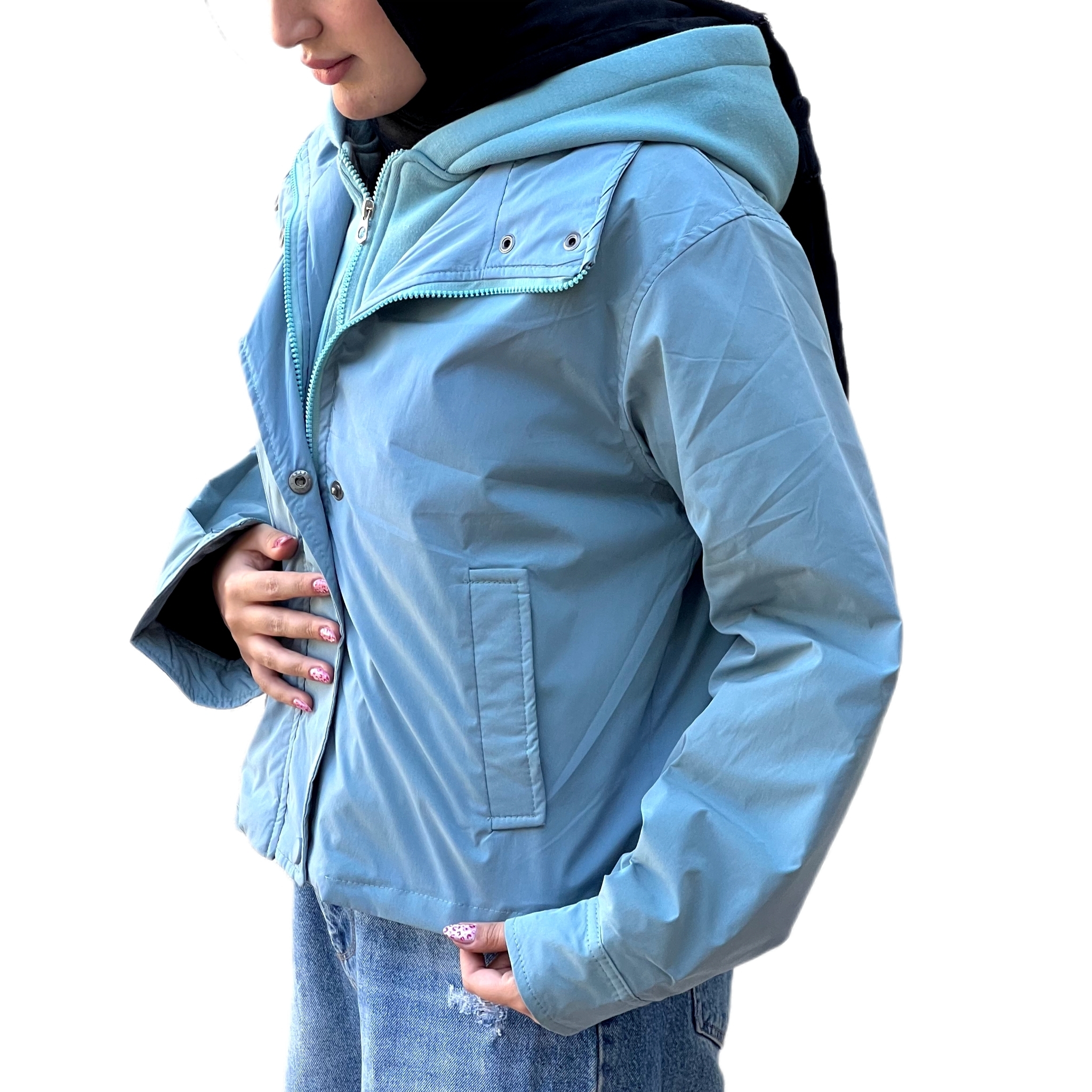 کاپشن آبی آسمانی مدل هودی چسبیده
